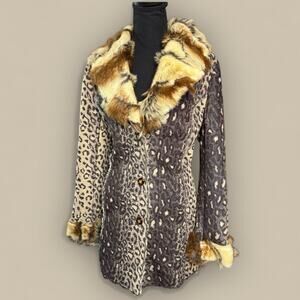 Vtg Leopard Faux Fur Coat Y2K Mob Grunge Statement Animal Print Jacket Large